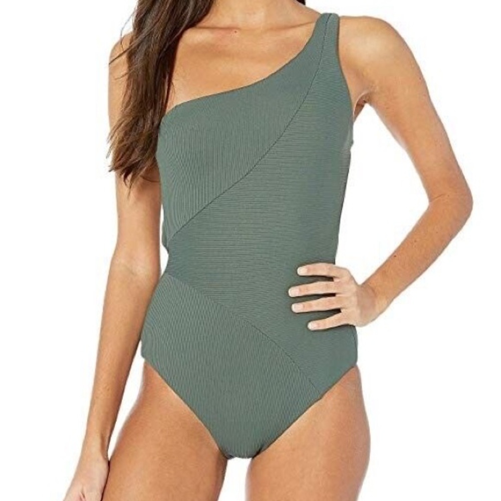 BECCA Women's olive Green Fine Line One Shoulder One-piece Swimwear Size M NWT